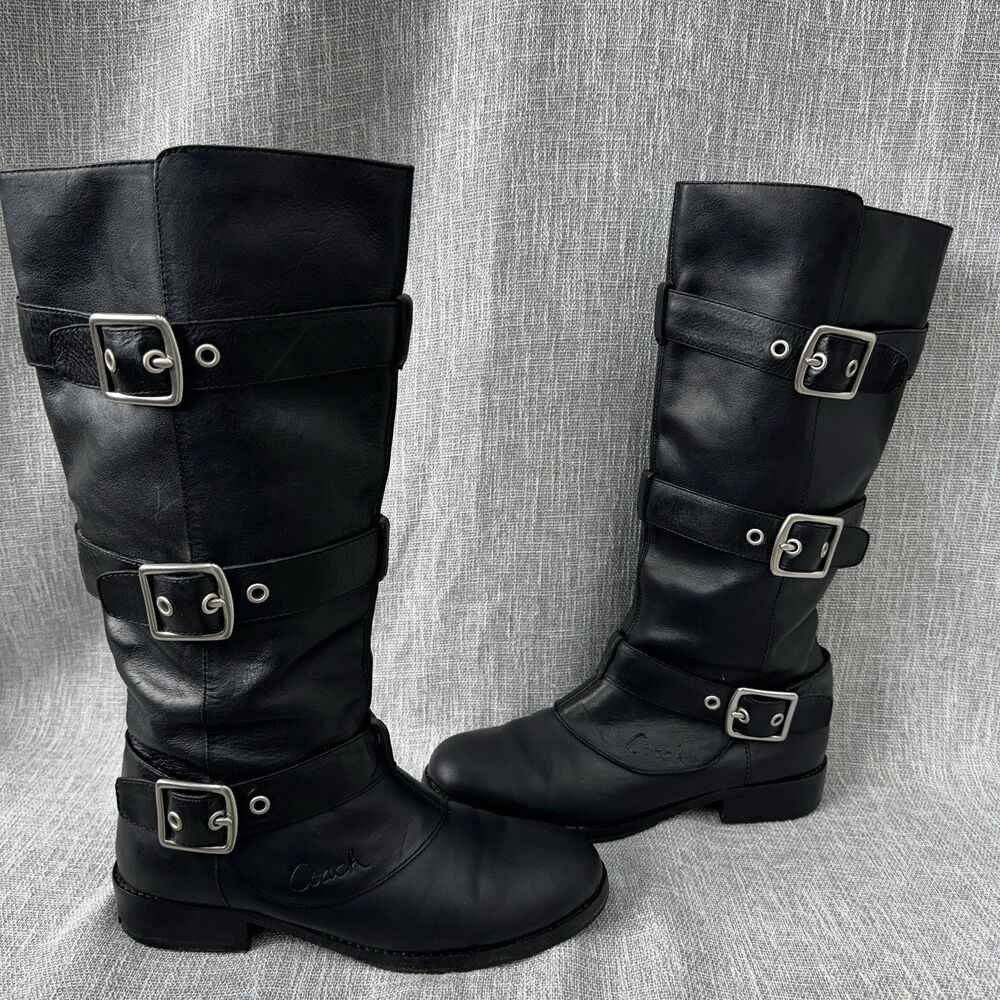Coach Jordan Black Leather Moto Biker Boots Multi Buckle Tall Riding Boot 8.5 B